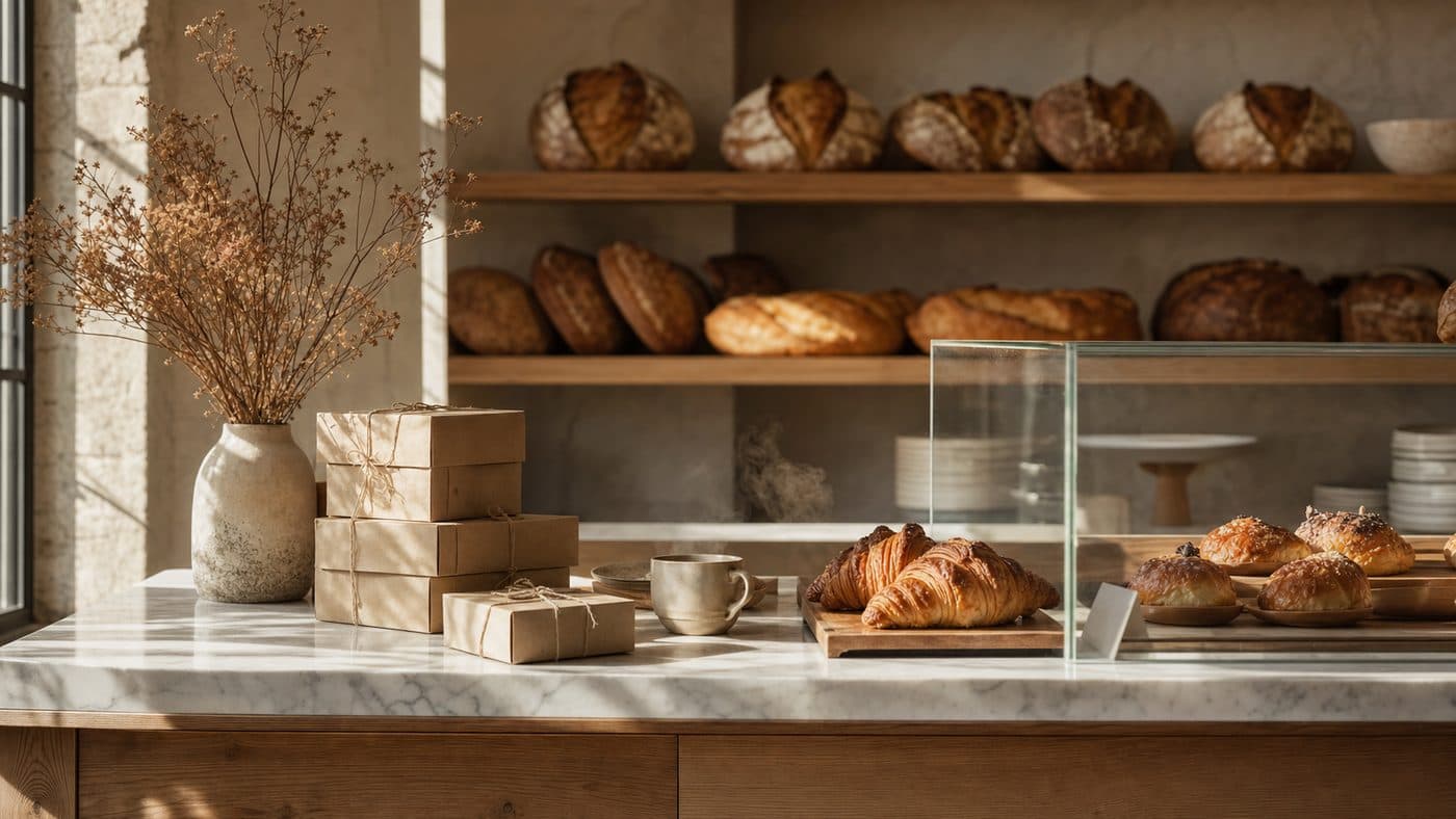 Warm bakery counter with fresh loaves and wrapped orders in morning light